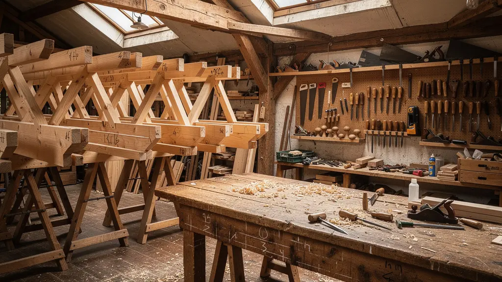 Pièces de charpente sur mesure alignées dans un atelier traditionnel avec outils et établi