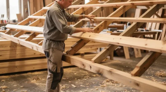 Charpentier inspectant une ferme de charpente assemblée dans son atelier en Haute-Loire