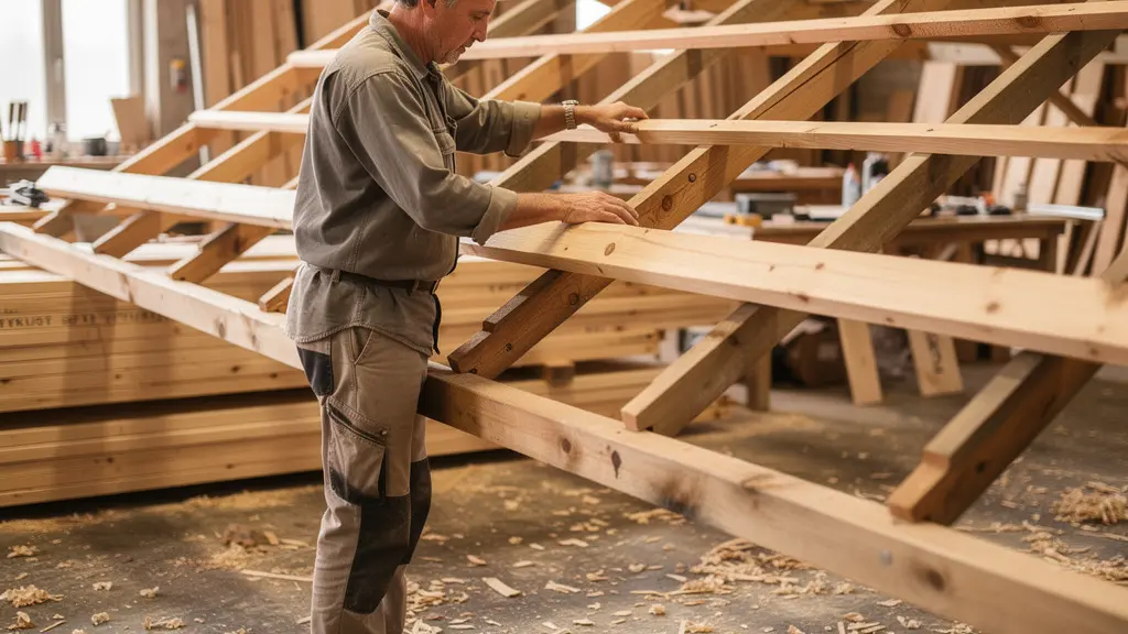 Charpentier inspectant une ferme de charpente assemblée dans son atelier en Haute-Loire