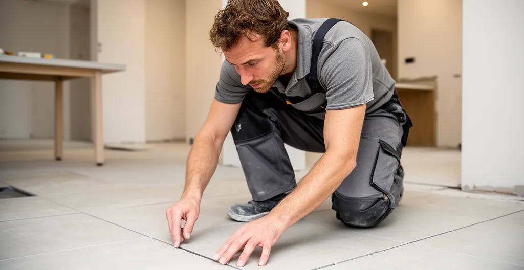 Artisan vérifiant la qualité des finitions sur un carrelage fraîchement posé