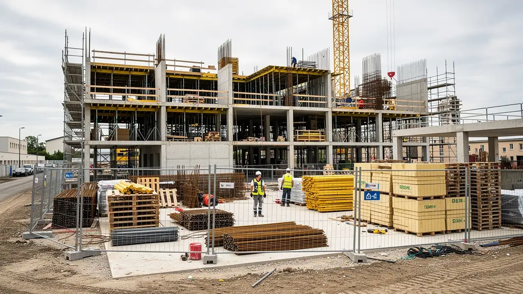 Vue d'ensemble d'un chantier de construction organisé avec matériaux rangés