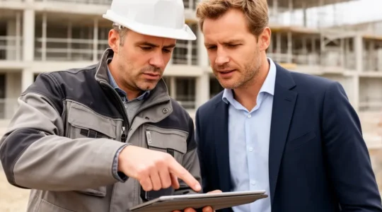 Chef de chantier et client consultant un plan sur tablette devant une maison en construction