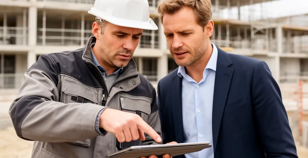 Chef de chantier et client consultant un plan sur tablette devant une maison en construction