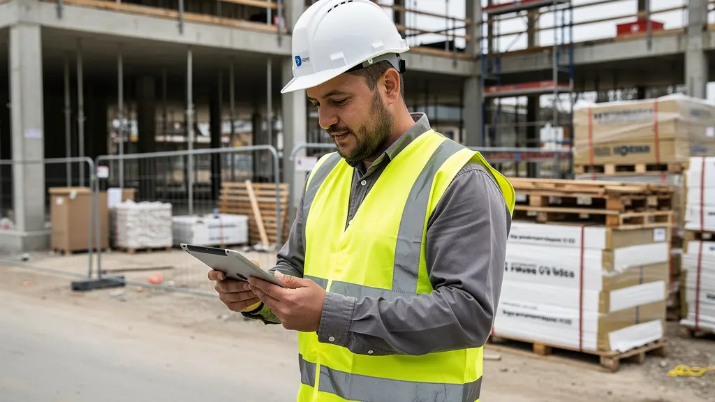 Responsable de chantier consultant une tablette devant un bâtiment en construction