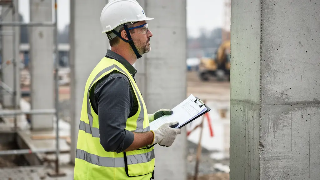 Professionnel inspectant une structure en construction avec équipement de sécurité