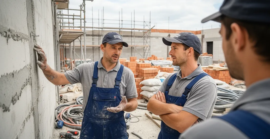 Professionnels du bâtiment en discussion sur un chantier de construction résidentielle