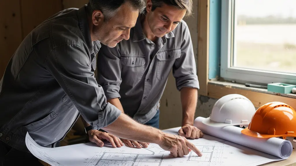 Deux professionnels du bâtiment discutant d'un projet de construction